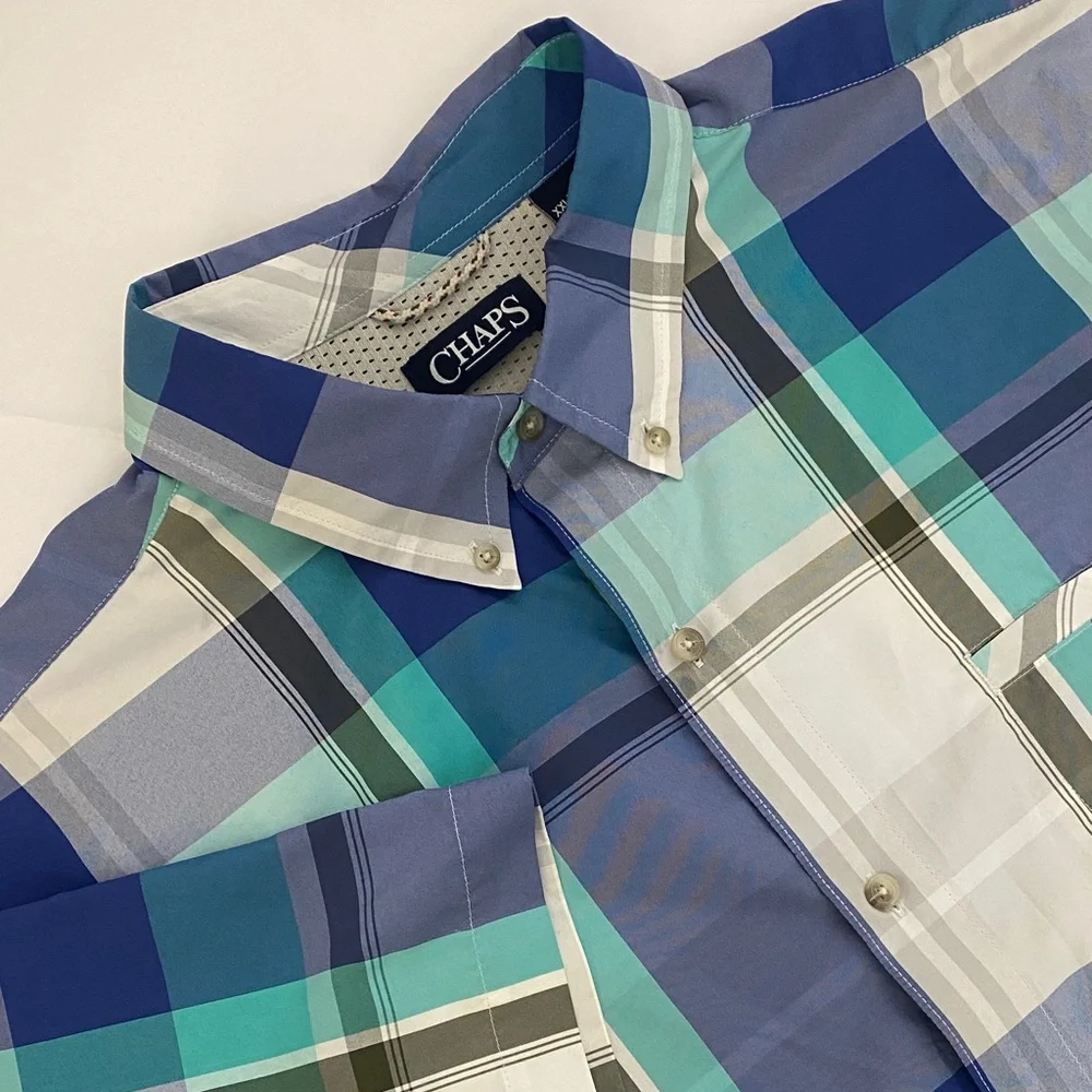 Chaps Men's Aqua and Navy Plaid Shirt - Picture 1 of 11